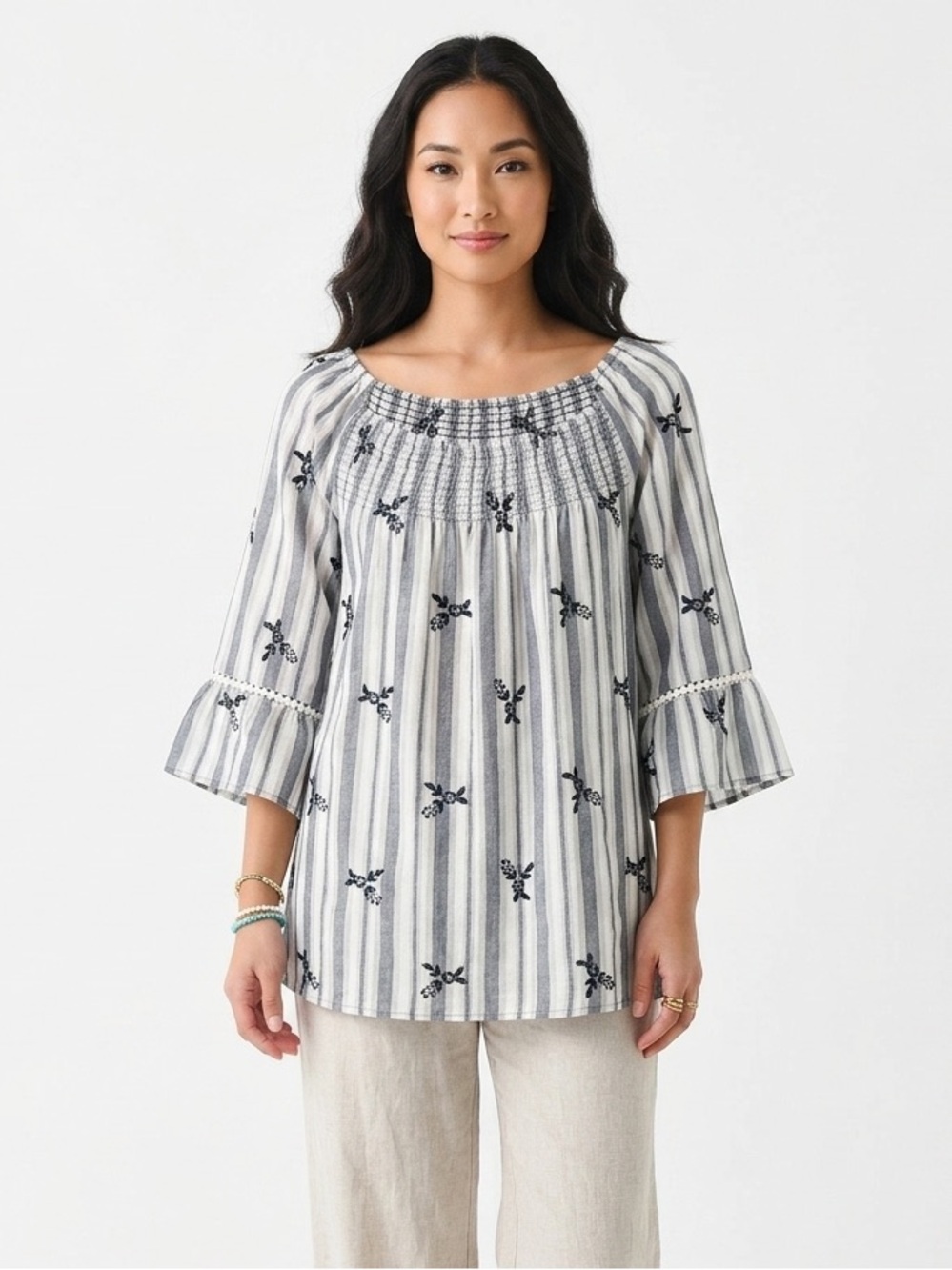 Westport Striped Floral Embroidered Peasant Top 2X